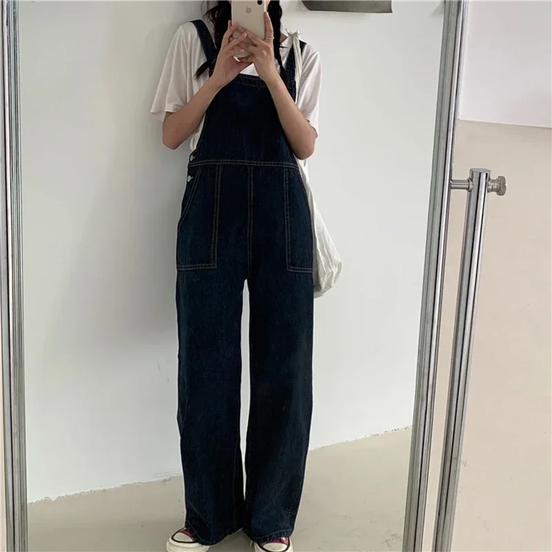 Playful Cute Korean Loose Denim Jumpsuits Women Vintage Casual Wide Leg Overalls High Waist Straight Jumpsuits