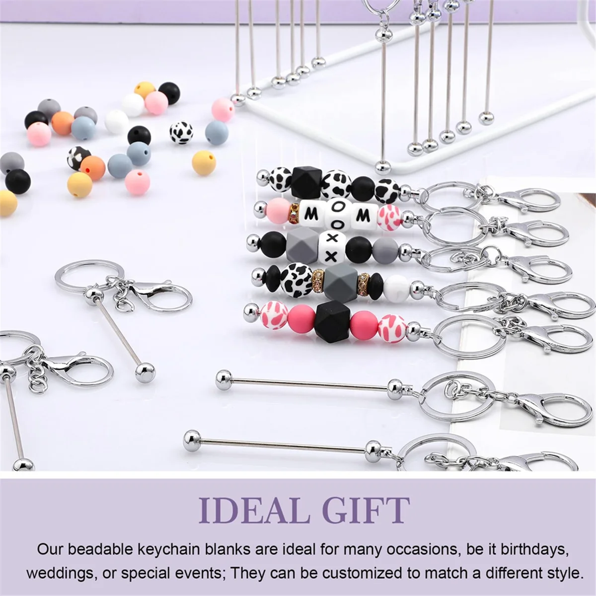 24 Pcs Beadable Keychain Bars Bulk for Beads DIY Blank Keychain Metal Beaded Keychain for Bead Keychain Crafts Silver