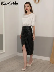 Skirts For Women Autumn Leather Solid Black High Waist Zipper Slim Split Fork PU Leather Long Skirt Women's Midi Skirts Outwear