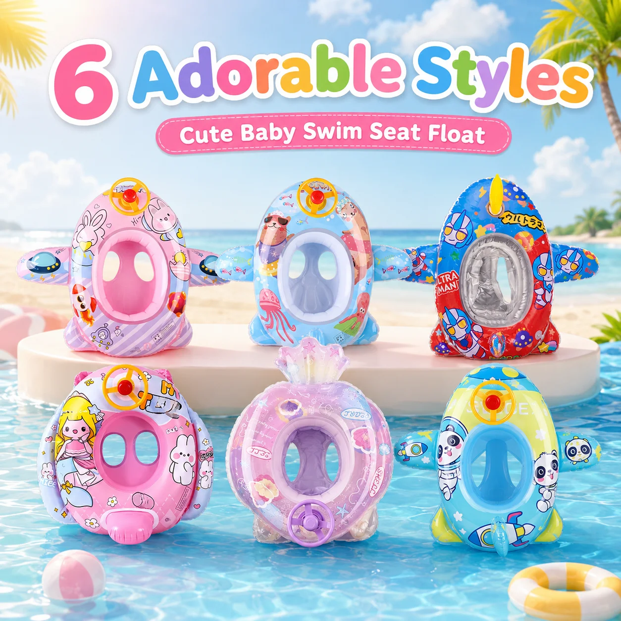 1PC Cartoon Inflatable Swim Seat, Pool Float Steering Wheel, Swimming Ring Water Seat Summer Beach Pool Accessories