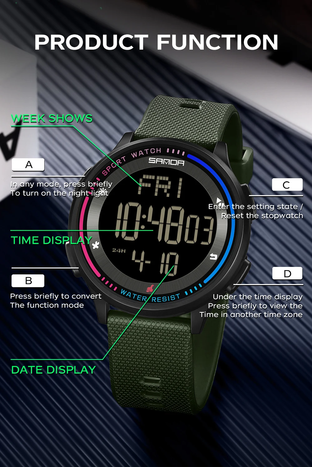 SANDA 6158 relojes de pulsera deportivos impermeables a la moda, cronómetro para niños, movimiento Digital, reloj para estudiantes adolescentes