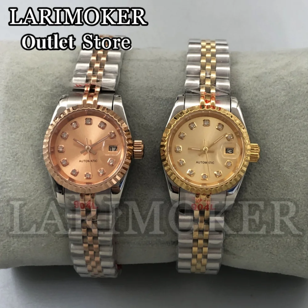 LARIMOKER 26mm ALL Gold Roes gold dial Mechanical Women's Watch Diamond Index NH05 Movement Sapphire Glass Stainless Steel Strap