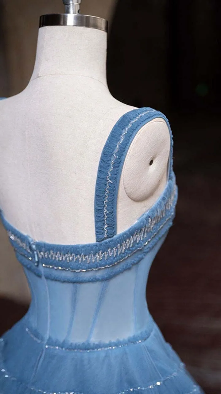 Blue Prom Dresses Beaded Spaghetti Strap A Line See Through Ruffled Vestidos De Formature