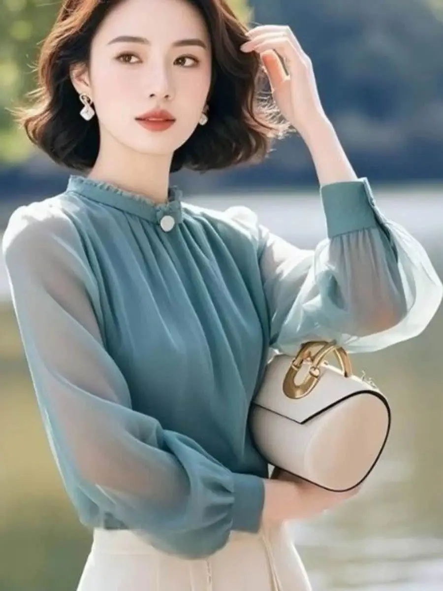 

Женская модная повседневная блузка Ele Lake Blue Long Sve из шифона и полиэстера прямого кроя с круглым вырезом