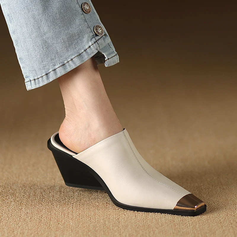 2024 New Ladies Genuine Leather Metal Head Mules Fashion Med Chunky Heels Summer Wedges Slippers Women Casual Office Shoes Woman