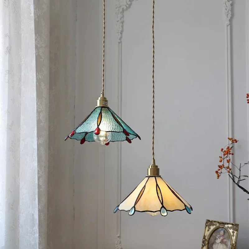 

SANDYHA Colorful Retro Glass Pendant Light Mediterranean Hanging Lamp for Bedroom Living Room Bedside Stylish LED Chandelier