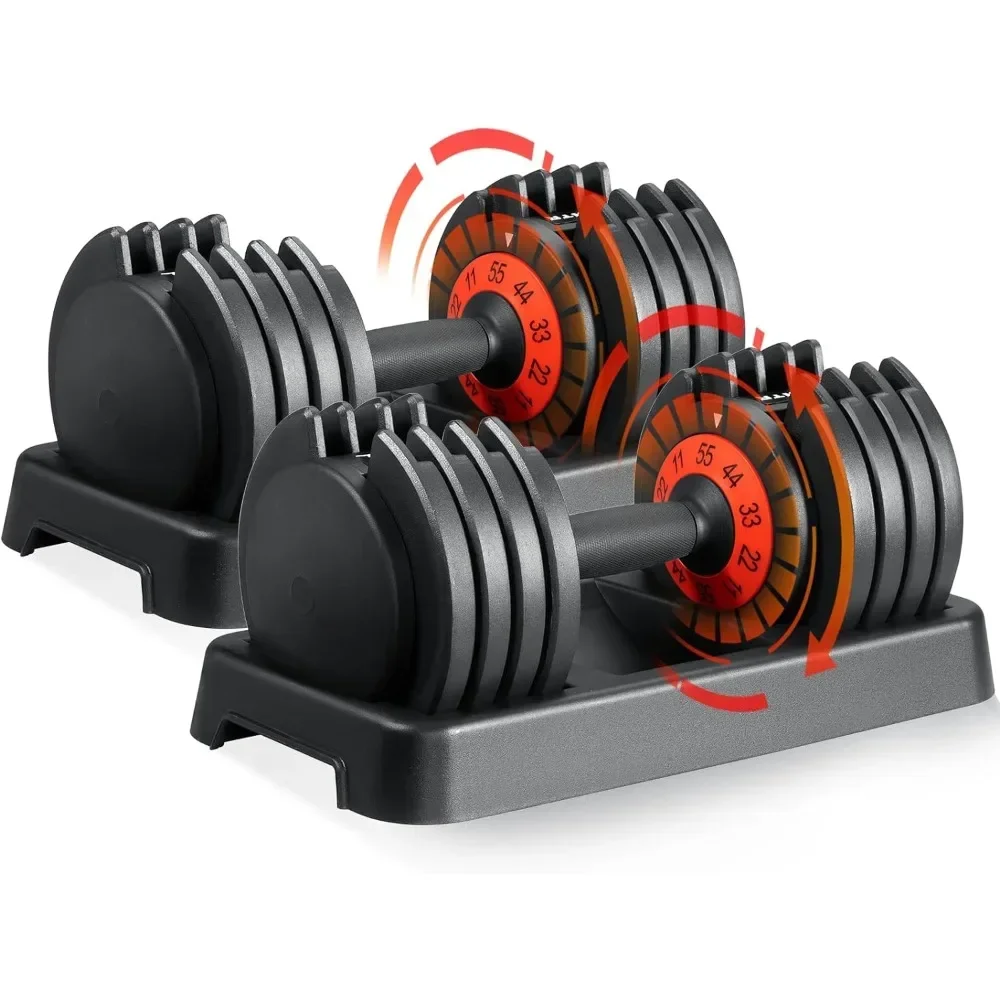 25/55 lbs Pair Adjustable Dumbbells Set, with Anti-Slip Fast Adjust Weight by Turning Handle,Black Dumbbell with Tray