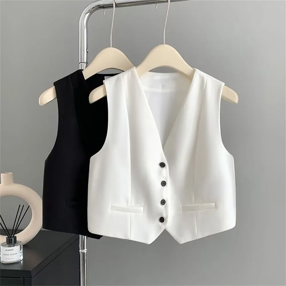 Fashion Casual Jackets Vest Summer V-neck Black Vest Coat Women Clothes 2026 Korean Sleeveless Loose Waistcoat French Style Tops