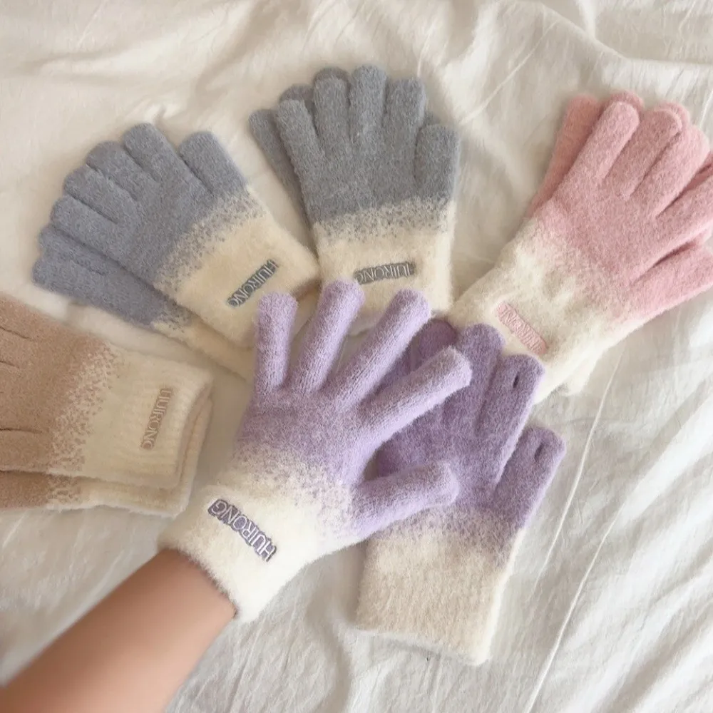 سميكة قفازات محبوكة مرونة عالية ندفة الثلج التدرج اللون الشتاء القفازات شاشة تعمل باللمس الدفء خمسة أصابع قفازات النساء