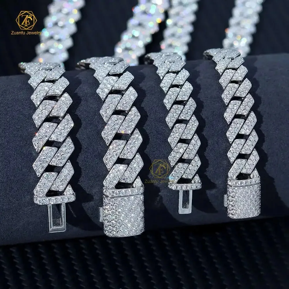 

8mm 10mm 12mm 20inches Dropshipping Gold Plated 925 Silver Hip Hop Jewelry Iced Out Moissanite Cuban Link Chain Jewelry