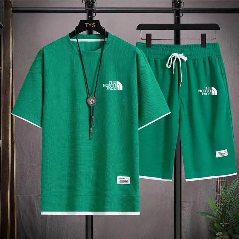 2025 Summer Men's fashion breathable short-sleeved T-shirt + jogging Shorts two-piece fitness training suit Casual set