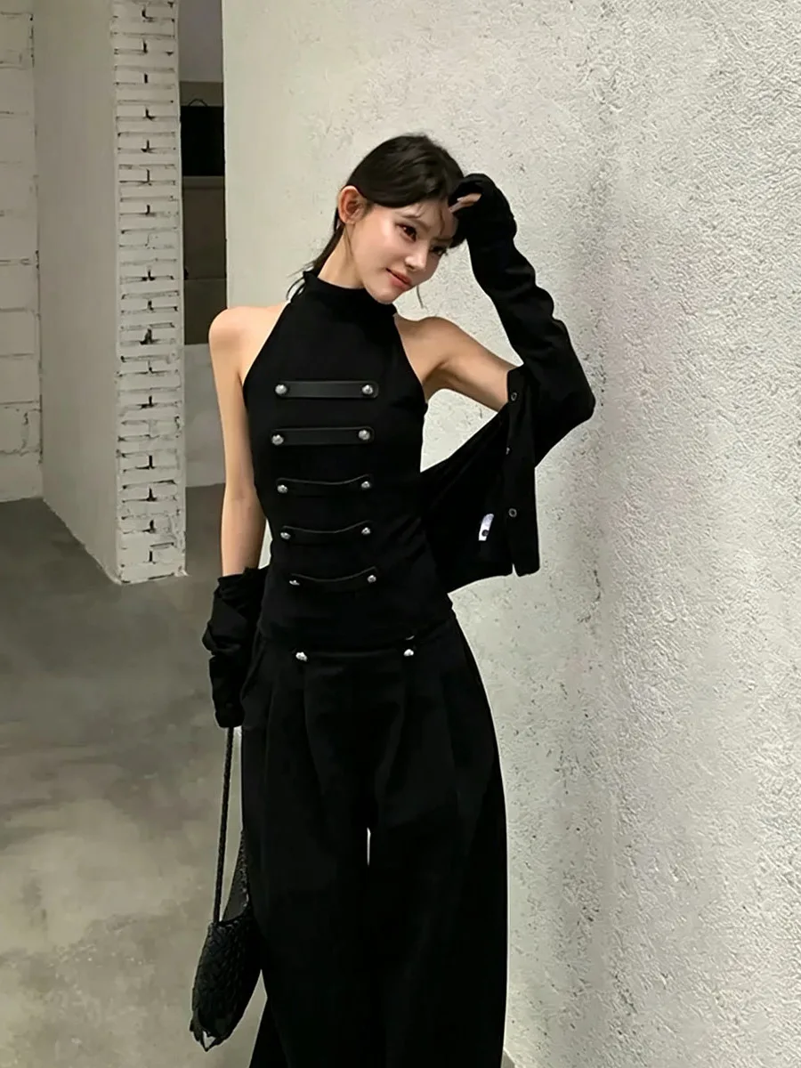 Retro Napoleon Women's Early Autumn Long Sleeve Vest Design Sense Elegance Two-Piece Set Inner Wear Cardigan Top And Bottom
