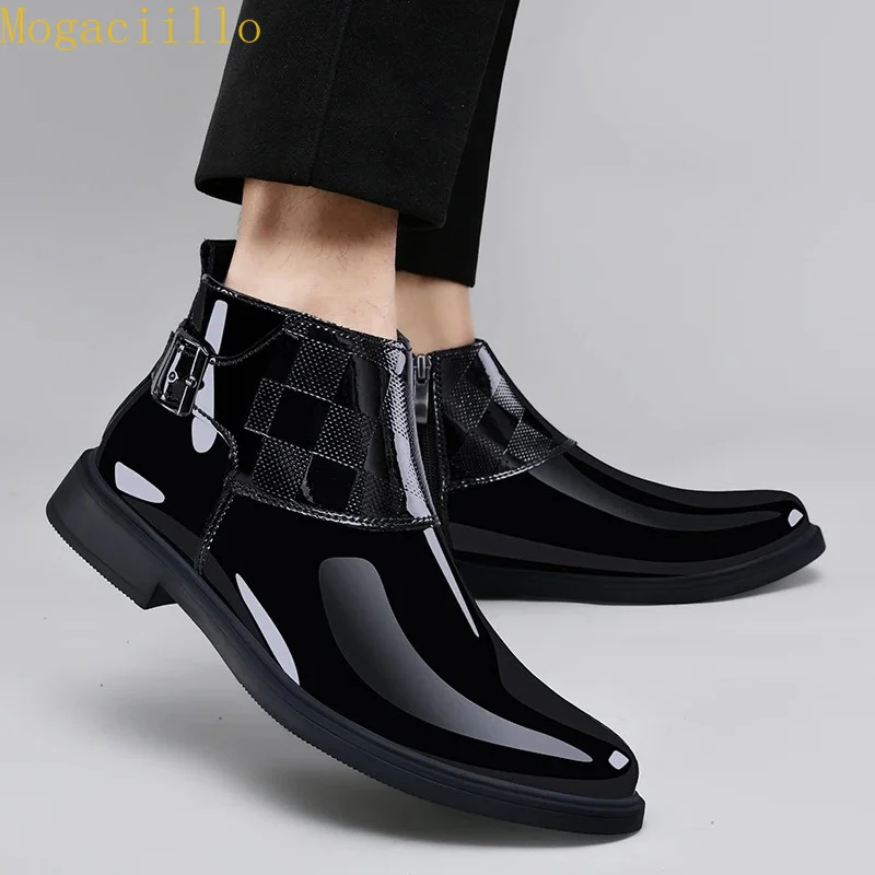 Brand Men's Black Gloss Patent Leather Ankle Boots High Quality Buckle Decor Chelsea Boots Genuine Leather Business Casual Shoes