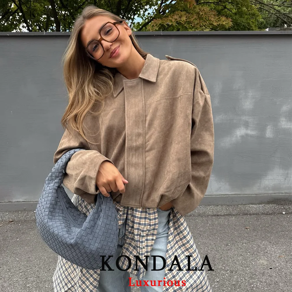 

KONDALA Casual Chic Khaki Suede Bomber Jackets Women Long Sleeve Zipper Oversized Coats Fashion 2025 Fall Winter Outwears
