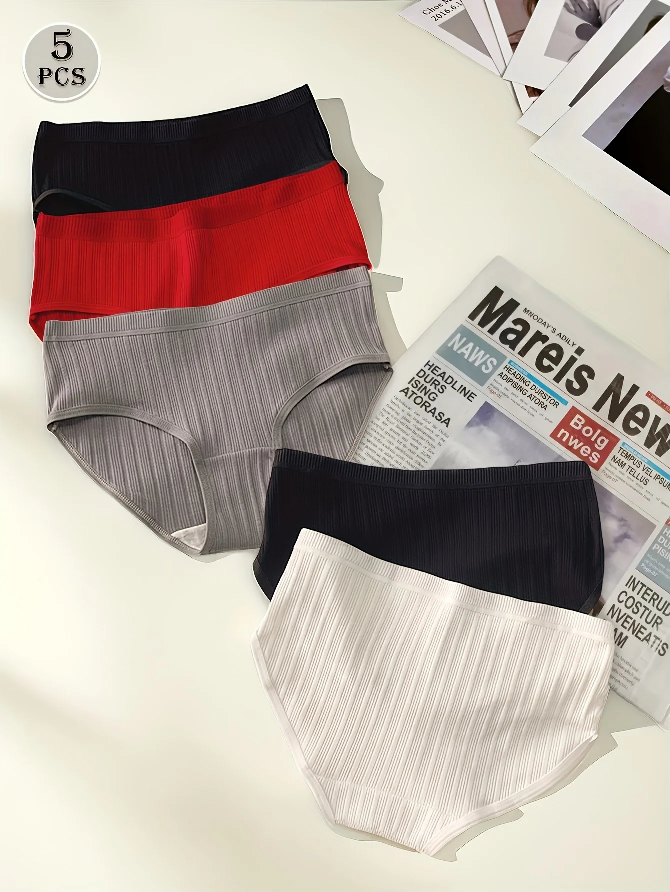 5-Pack Ribbed Women's Cotton Panties, Mid Rise Soft Breathable Hipster Briefs, Stretch Daily Underwear Multipack