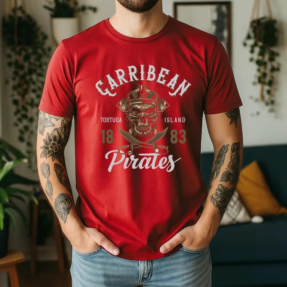 2026 Men Vintage Caribbean Pirate Graphic T Shirt Retro Skull Sword Print Short Sleeve Streetwear Tee Tops