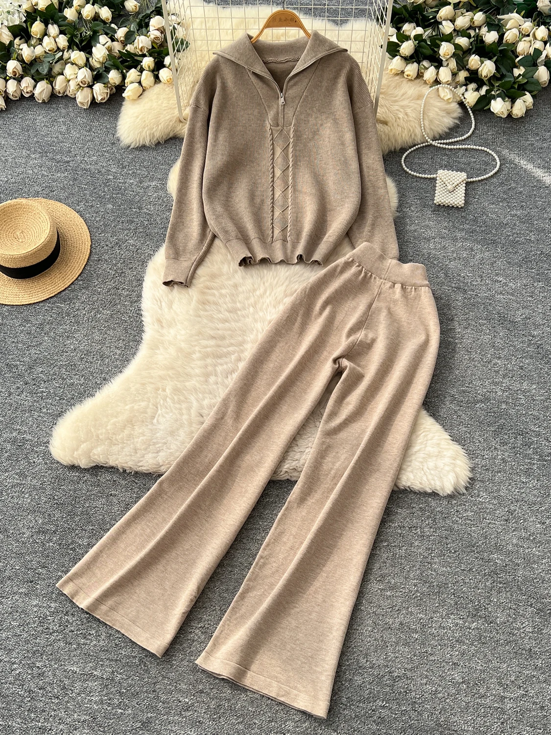 

Шикарный повседневный свободный свитер на молнии с длинными светями и высокой талией, широкие брюки, осенний комплект, модный костюм из двух предметов