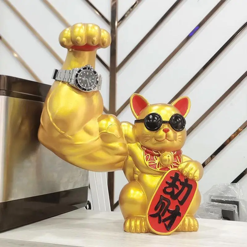 Esin Sculpture Powerful Muscle Golden Cat Muscle Giant Arm Arm Figurines  Desktop Bar Decor Lucky Cat Store Opens Gift Giving