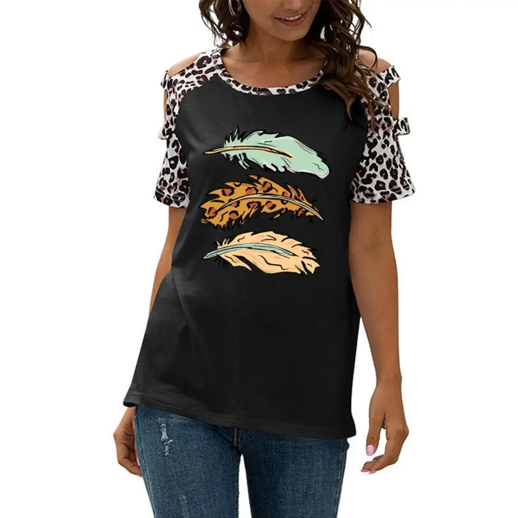 

Women's Casual Short Sleeve T-Shirt round Neck Three-Color Feather Print Stitching Leopard Pattern European American Style