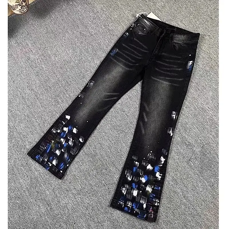 

Mens Jeans Man Pants American Vintage Black Wash Splatter Graffiti High Street Slim Fit Slight Flare Versatile Denim Trousers