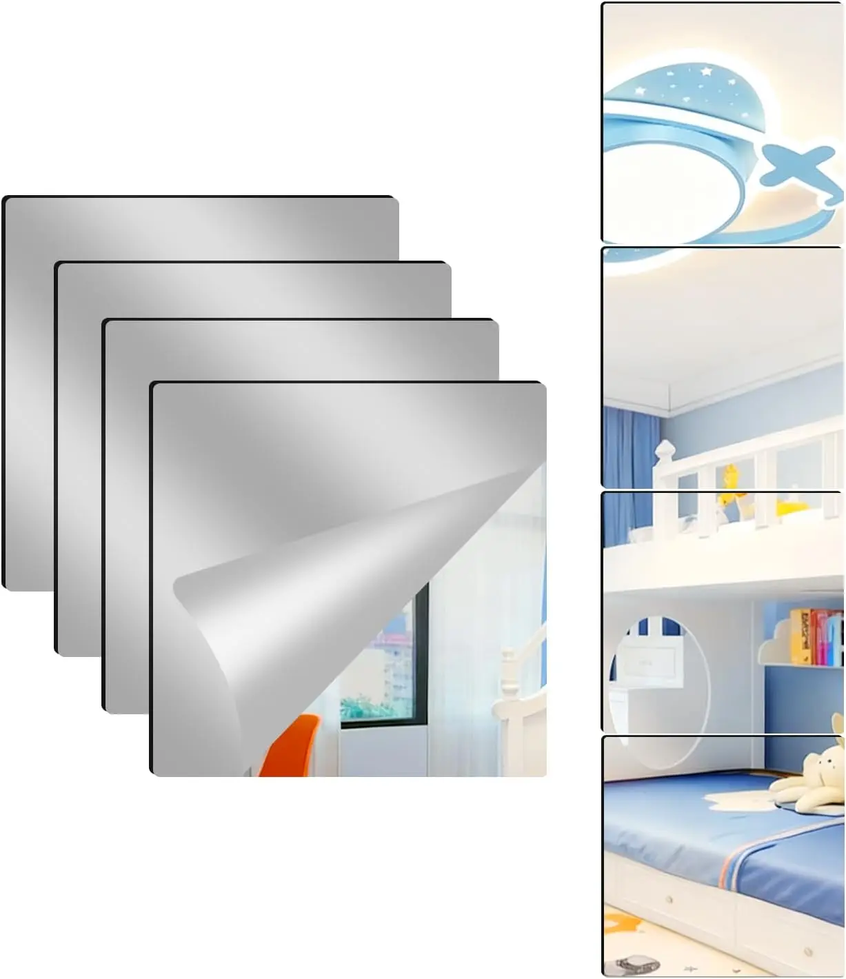 

Four Pack Flexible Acrylic Mirror Tiles 8x8 Inch Self Adhesive Frameless Sheets for Wall Bedroom Gym