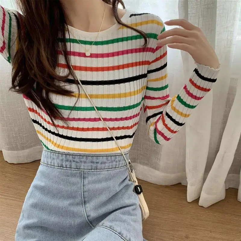 

Women's Autumn Winter Striped Boting irt Regular Sve Length Single Piece Knitted Sweater Striped Pattern
