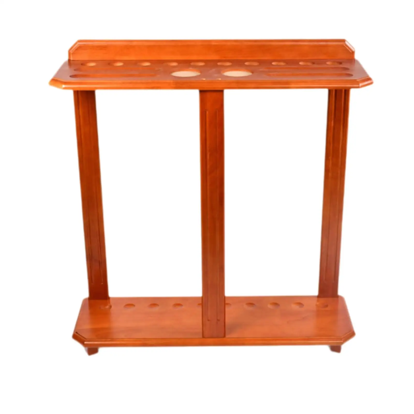 Wooden Billiard Stick Rack Floor Model with Two Level Structure and Built in Hooks for Chalk Holders Home Game Room Use