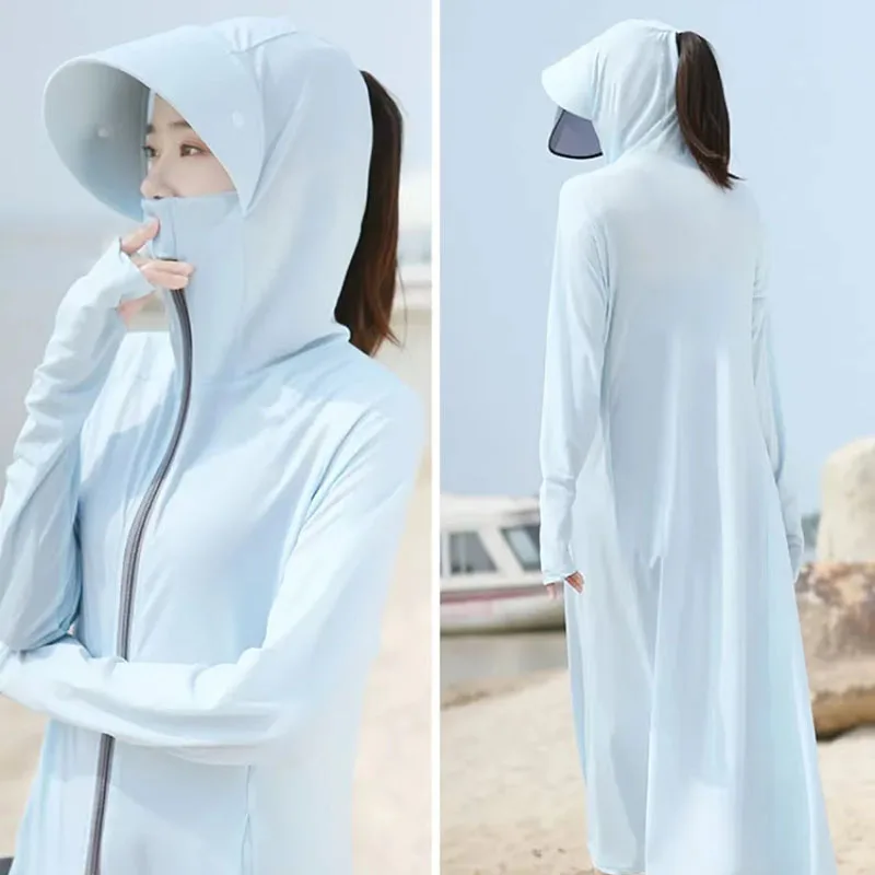 Xpqbb Summer Sunscreen Long Coat Women Breathable Anti-UV Outdoor Sun Protection Clothing Casual Simple Solid Ice Silk Outwaer