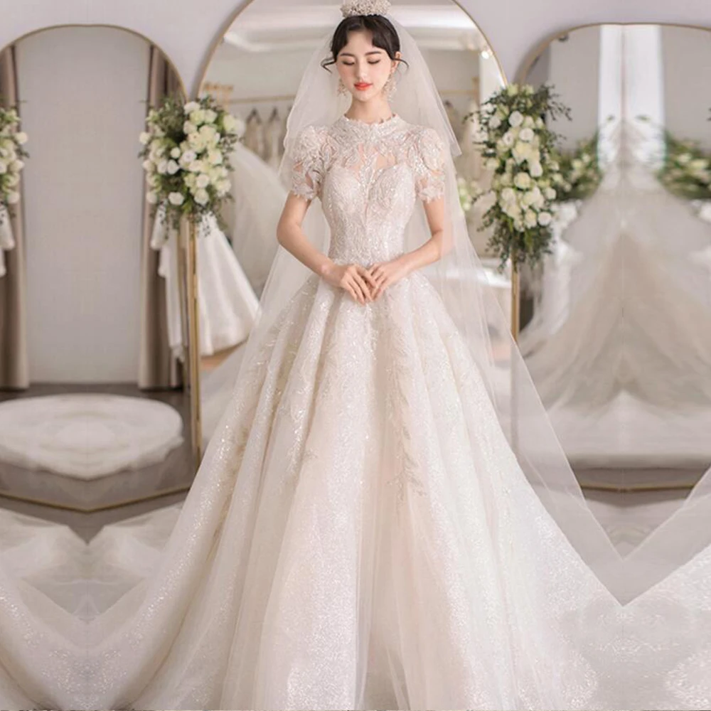 

Customized ZJ4024 Ivory Lace Applique Wedding Dresses Women's Elegant Short Sleeve A-Line Princess Bridal Gowns Bride