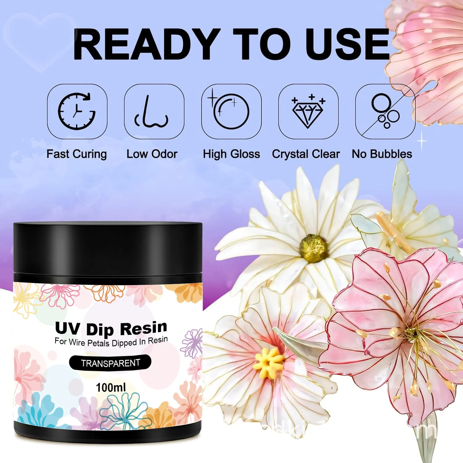 50/100g UV DIP Resin Glue For Wire Flowers Transparent Liquid High Gloss Ultraviolet Curing Crystal UV Glue Jewelry Petal Making