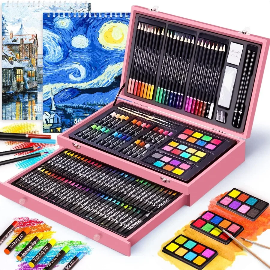 

145 Piece Deluxe Art Set with 2 x 50 Sheet Drawing Pad Art plies Wooden Art Box Drawing Painting Kit with Crayons Oil Pastels C