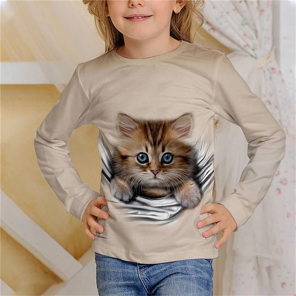 Children's Clothing Girl T-Shirts Long Sleeve Casual 3D Cat Print Kids Spring Fall Clothes Fashion Tops Outdoor Boy Girl Clothes