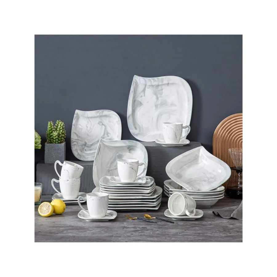 

MALACASA Plates And Bowls Sets For 6, 30-Piece Marble Grey Square Dinnerware Set Oven Safe, Porcelain Dish Set With Plate Set,