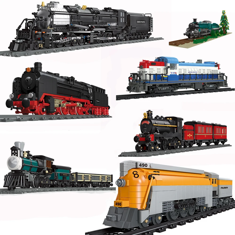 MOC Western Union Train Pacific Wagon Train Building Blocks Set Steam Locomotive Germany Big Carriage Vehicle Boy Toys Xmas Gift