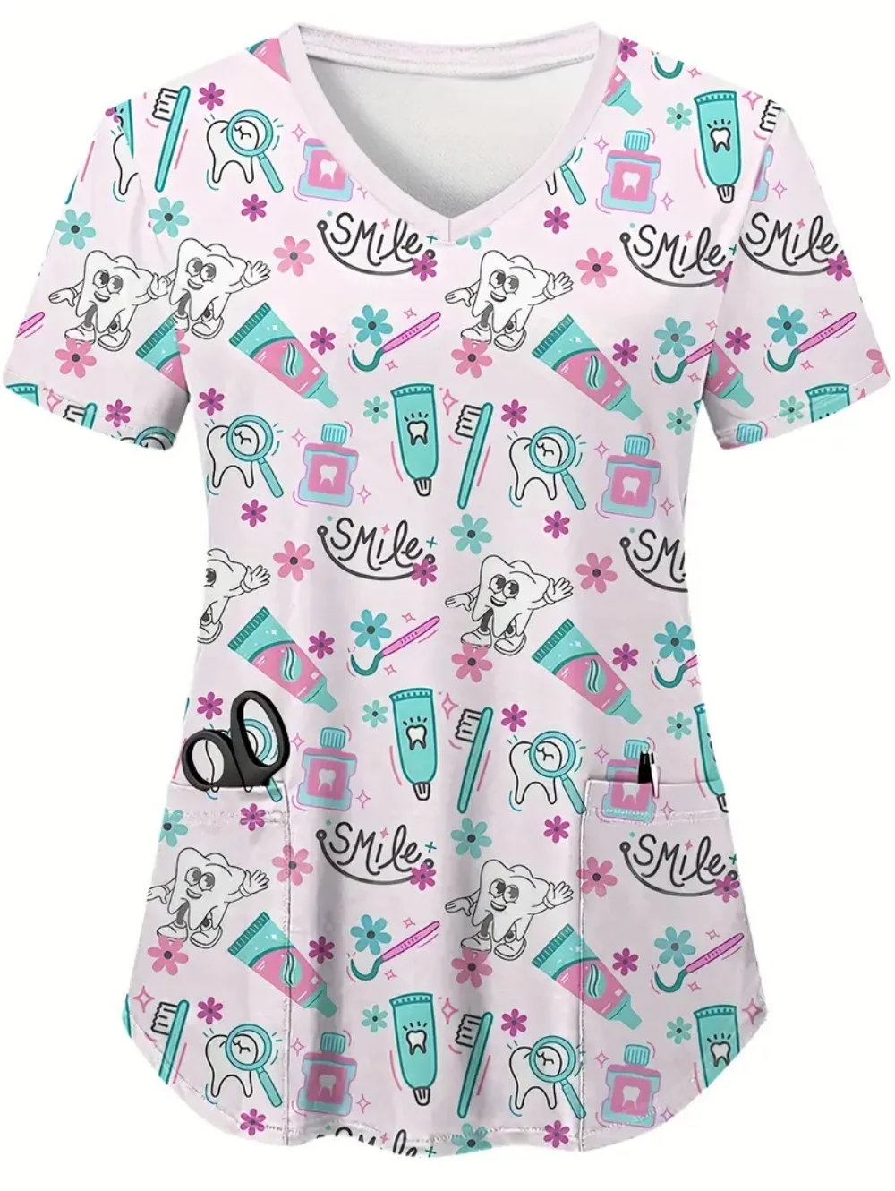 Uniforme clínico mulher com dentes de amor imprimir roupas médicas verão com decote em v casual azul moda manga curta esfrega mulher topos