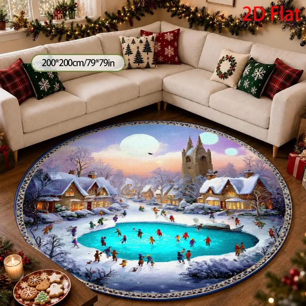 1pc Winter Wonderland Ice‑Skating Village Printed Round Area Rug, 2D Flat‑Print Christmas Snow‑Scene Floor Mat