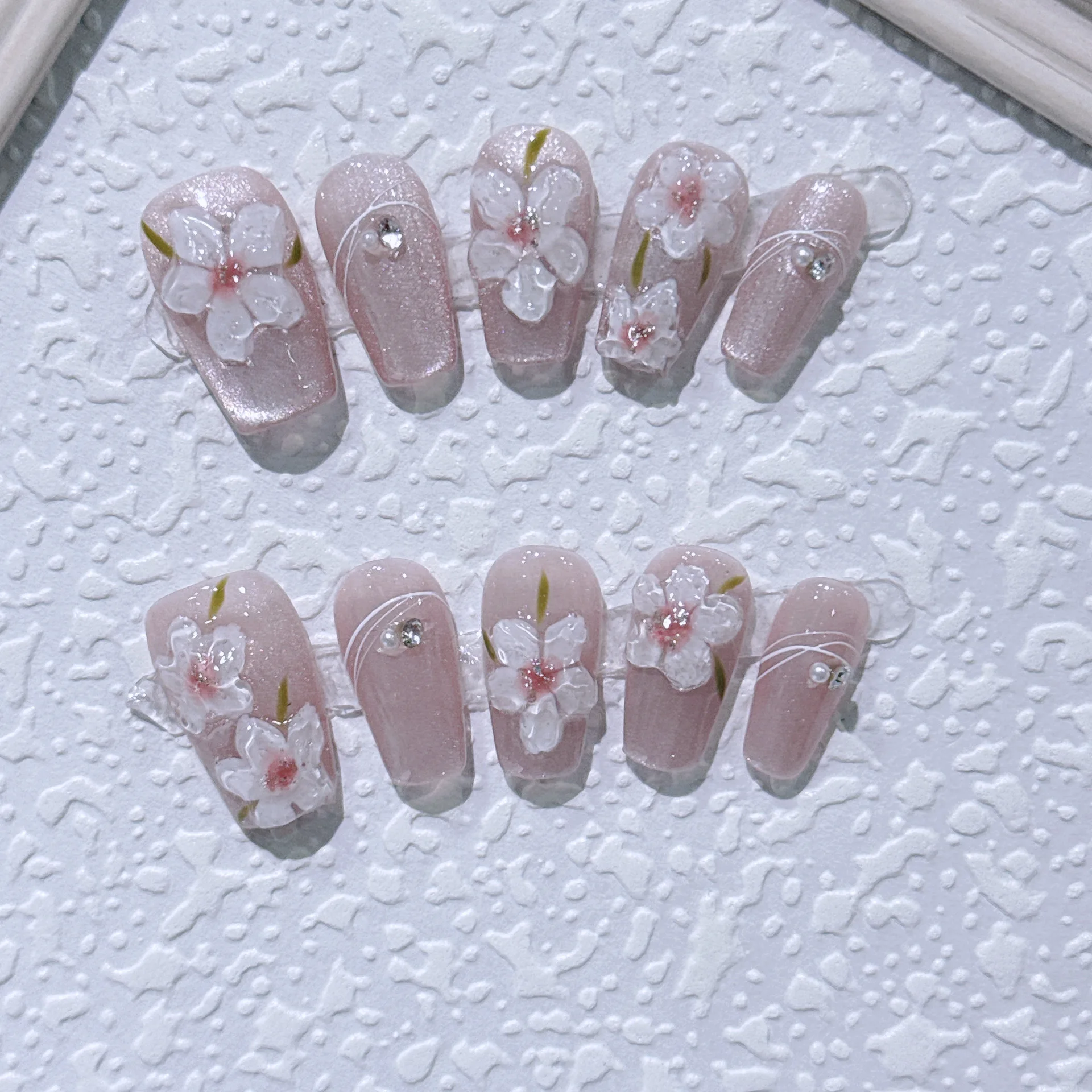 Uñas postizas hechas a mano para mujer, uñas postizas de Ojos de gato, diseño de flores dulces, manicura usable de bailarina, 10 piezas