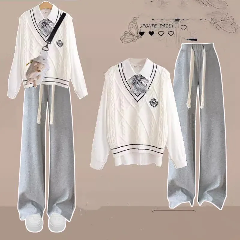 2024 Autumn/Winter Women's Set Korean Loose Vest+White Shirt+Fashionable Wide Leg Jeans 3-Piece Set Trendy