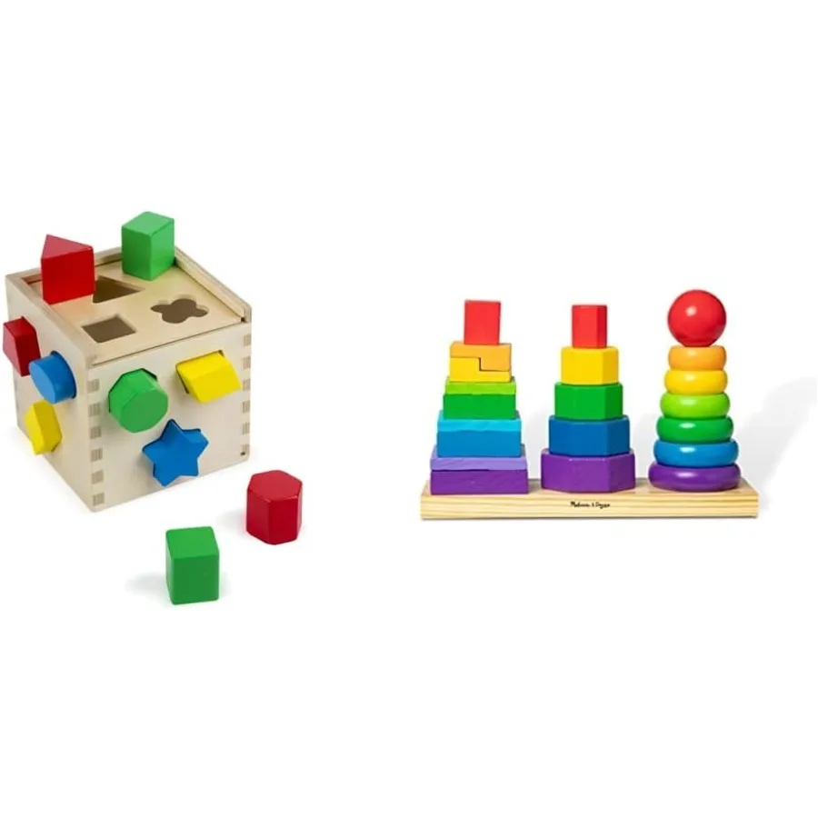 

Melissa and Doug Geometric Stacker - Wooden Educational Toy and Shape Sorting Cube - Classic Wooden Toy with 12 Shapes