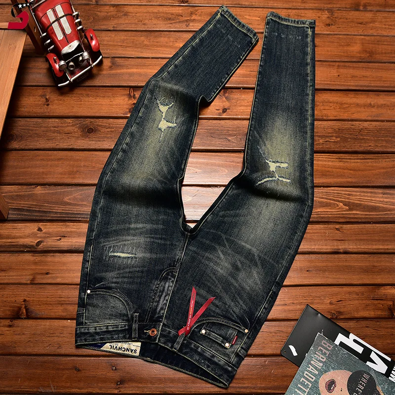Fashion High-End Men's Jeans Autumn Winter New Ripped Patch Stretch Slim Fit Retro Vintage Long Pants