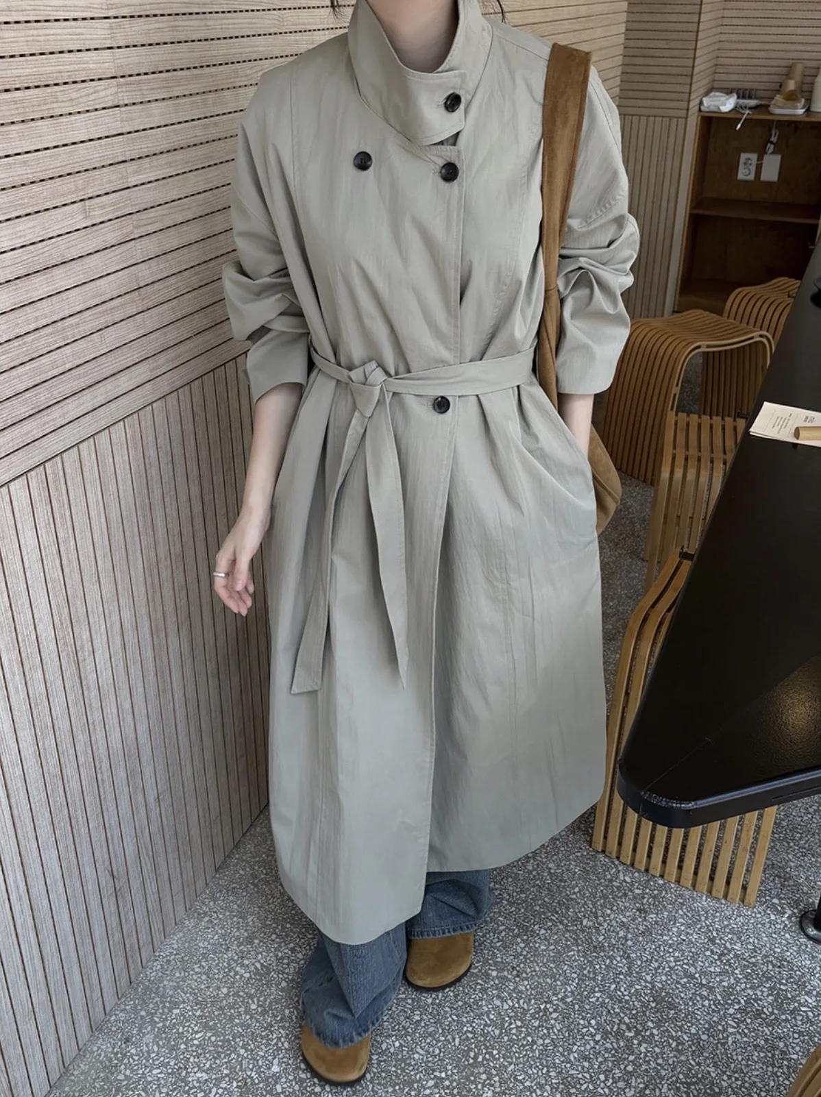

Autumn and Winter Stand Collar Button-up Versatile Loose Casual Mid-length Trench Coat