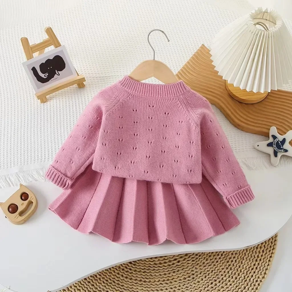 Children\'s Clothing Sets Cutout Floral Cardigan Sweater + Pleated Skirt Knitted Sweater Girls Winter Clothes Pullovers for Kids