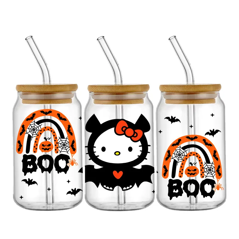 Miniso Halloween Hello kitty UV DTF Cup Wraps Transfer Sticker For 16OZ Glass Libbey Can Bottle Selfadhesive Washable DIY Custom