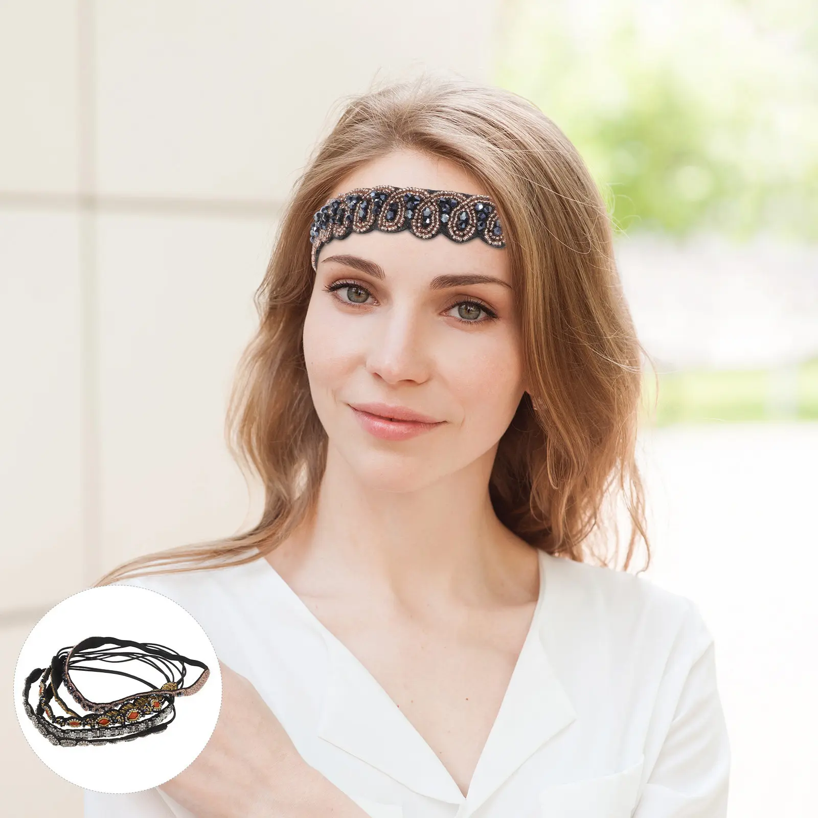 

Набор из 5 эластичных повязок на голову в стиле бохо с бисером и стразами для женщин, для торжественных и повседневных образов, праздничные украшения для волос