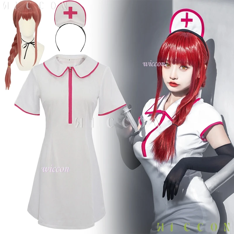 アニメマキマコスプレセクシーなナースチェーンソーマンコスプレ衣装ドレスナースキャップかつら手袋ストッキングハロウィンコスチューム女性のための