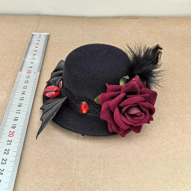 Gothic dark-themed queen bat demon with eye roses  small hat performance party accessory view 5