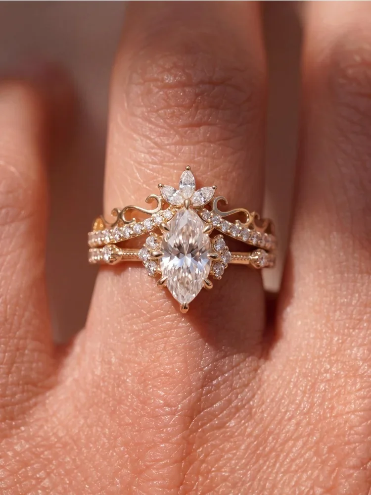 925 Sterling Silber Prächtiger Marquise-Muster Zirkon-Ring-Set für Damen Verlobung Hochzeit Luxus Hochwertiger Edel-Schmuck – Detail 3