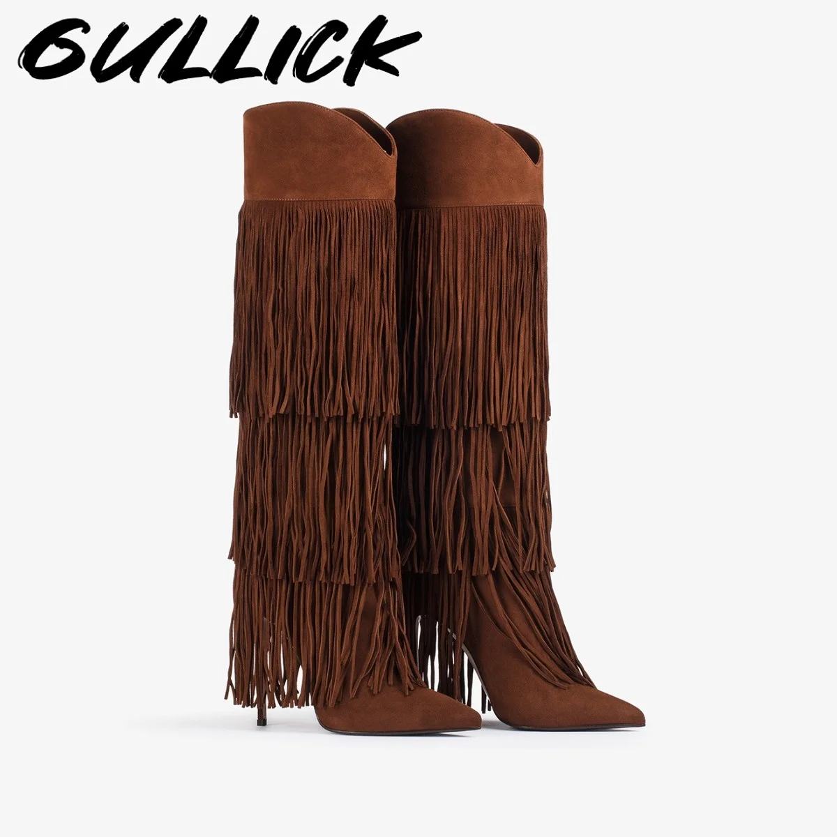 البني شرابة حذاء برقبة للركبة أشار تو بوتاس النساء الفاخرة أحذية مصممين الخريف الشتاء 2025 خنجر أسود Zapatos De Mujer