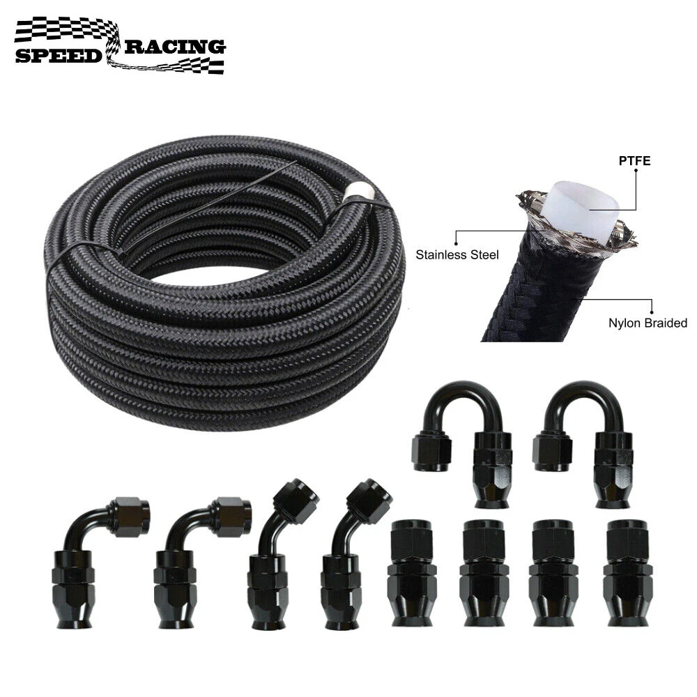 6AN Black Nylon E85 PTFE Fuel Line 30FT with 6 or 10 Fittings Hose Kit