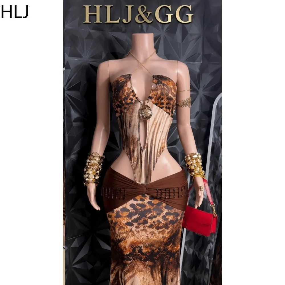 HLJ Women 2 Piece Outfit Leopard Zebra Print Halter Bodysuit Backless and Maxi Skirt Set Summer Club Vacation Matching Outfits